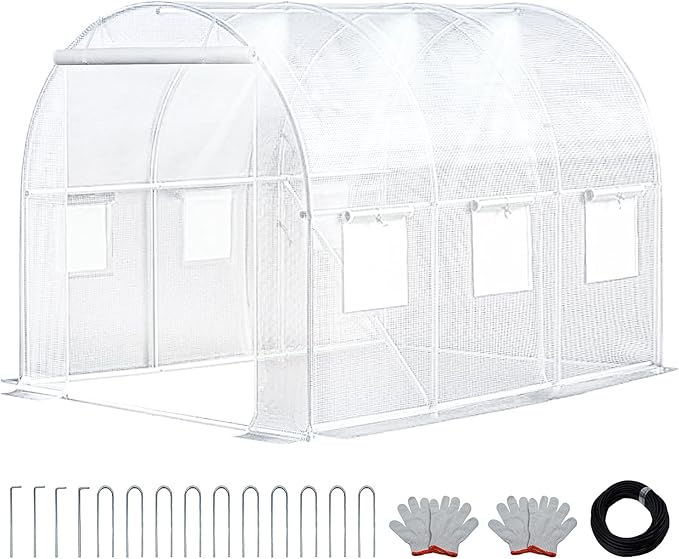 KANAGAWA 10'x7'x 7' Walk-in Tunnel Greenhouse with Watering System Heavy Duty Portable Green House Protect Gardening Plants 1 Zipper Mesh Door, 6 Roll-up Windows, Thickened galvanised Steel,White