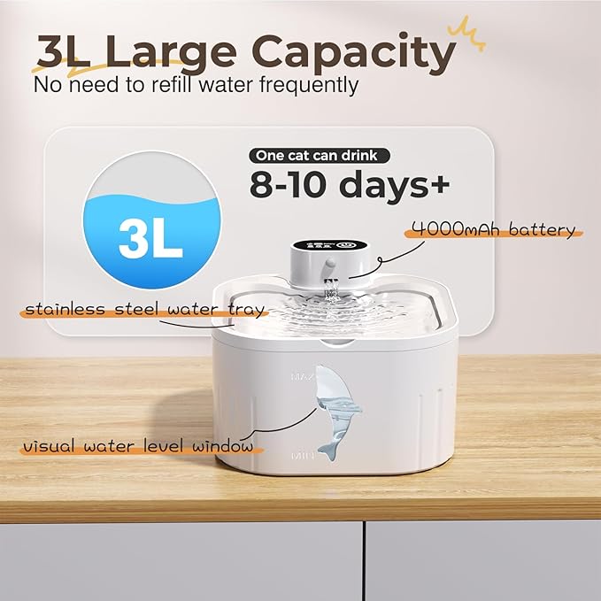 Battery Operated Cat Water Fountain 3L Water Fountains for Cats Indoor with Stainless Steel Tray Ultra-Silent Automatic Water Dispenser for Pet Easy Clean Wireless Cat Fountains for Drinking