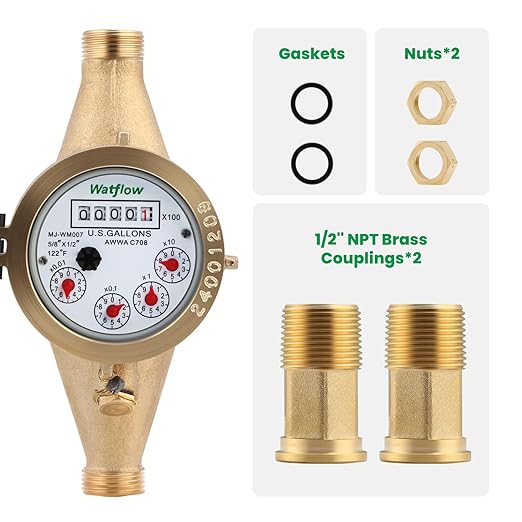 Watflow DN15 Water Meter 1/2" NPT, AWWA C708 Certification Gallon Water Flow Meter, Cold Water Meter, for Garden/HomeAmpartment, Horizontal Install.
