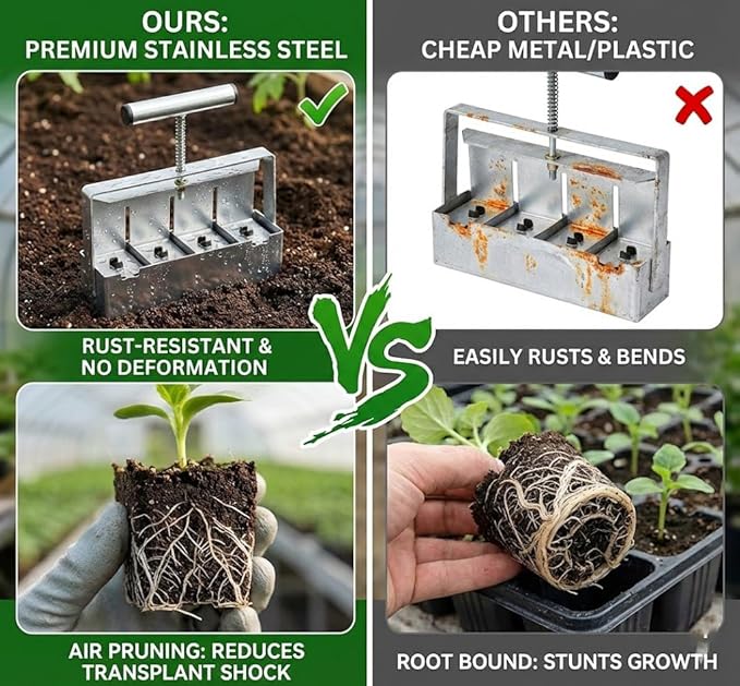 Soil Blocker 4 Cell 2 Inch – Heavy Duty Stainless Steel Soil Block Maker with Ergonomic Handle & 3 Size Seed Pins – Handheld Soil Blocker for Seed Starting, Greenhouse, Garden Tools