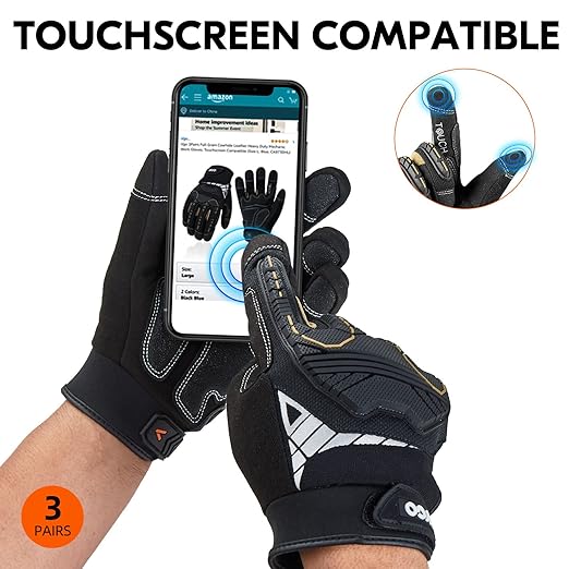 Vgo... 3-Pairs Heavy Duty Synthetic Leather Work Gloves, Impact Protection Mechanic Gloves, Rigger Gloves,Vibration Reduction, Touchscreen Capable (Size XXL, Black&Gold, SL8849)