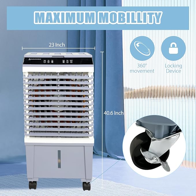 CAYNEL Evaporative Swamp Cooler with 5.3 Gallon Water Tank, Touch Screen and Remote Control, Refrigerator, 12 Hour Timer and 3 Fan Speed Settings, Cooling Tower Fan for Outdoor, Indoor, Garage