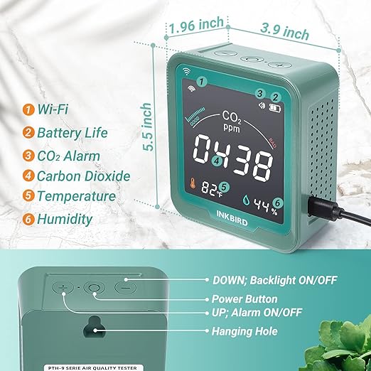 INKBIRD WiFi Air Quality Monitor Indoor Battery Powered | Smart NDIR Sensor and Data Logger | Carbon Dioxide & Temperature & Humidity | for Home, Office, Grow Tent (INK-CO2W)