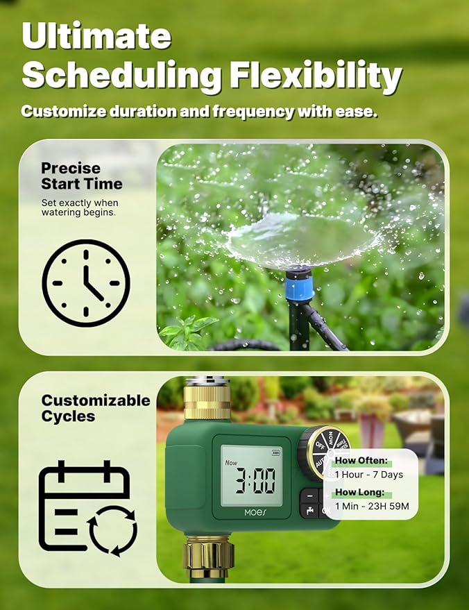 MOES 1 Zone Water Timer for Garden Hose, Heavy Duty Solid Brass Inlet & Outlet, Programmable Sprinkler Timer Battery Operated, High-Flow Faucet Valve with Rain Delay for Lawn Irrigation (Non-WiFi)