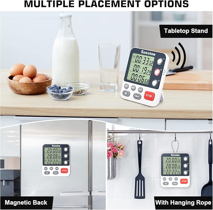 Digital Dual Kitchen Timmers 3 Channels Count UP/Down Timer Cooking Timers Large Display Triple Timmer Magnetic Stopwatch Timer-timers for Classroom Kid Adjustable Volume Loud Alarm(Battery Included)