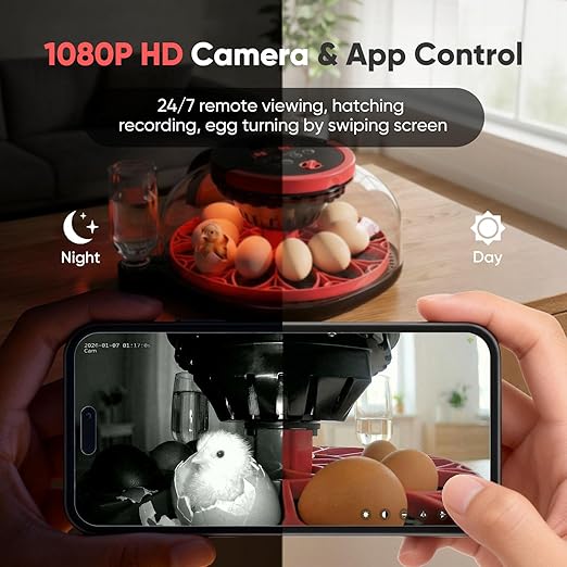 Incubators for Hatching Eggs, 12-24 Egg Smart WiFi Incubator with 1080P Camera, App Control, One-Click Incubation for Chicken Quail Duck Pigeon, Auto Egg Turner, External Water Refill, Candler