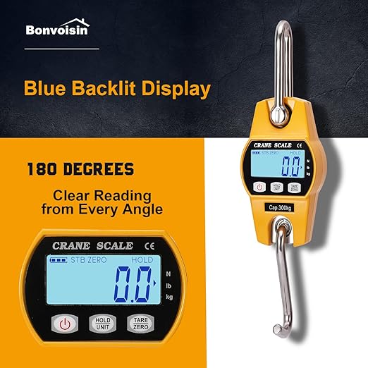 Bonvoisin Mini Digital Crane Scale 300kg/600lbs Industrial Hanging Scale Portable Electronic Weighing Crane Scale LCD Display CE/RoHS Certified (300kg/660lb)