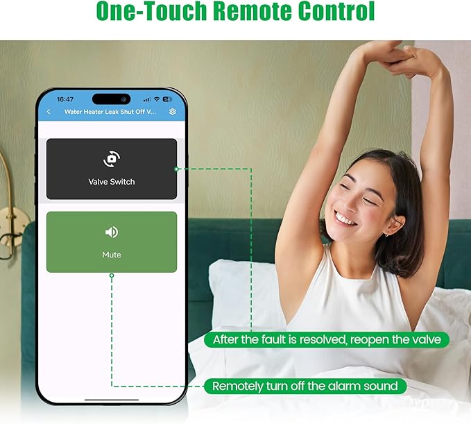WiFi Water Leak Detector with Automatic Shutoff Valve，Zuomeng Smart Water Heater Remote Stop Device with Leak Sensor, Leakage Alert Push, 3/4" NPT 150PSI Brass Valve, Get Rid of Water Leakage