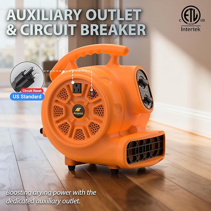 1/4 HP 1100 CFM Air Mover Blower Fan, Carpet Drying Fan, 3-Speed Stackable Utility Blower Heavy Duty High Velocity Industrial Fan with Timer for Water Damage Restoration, ETL Listed, Orange