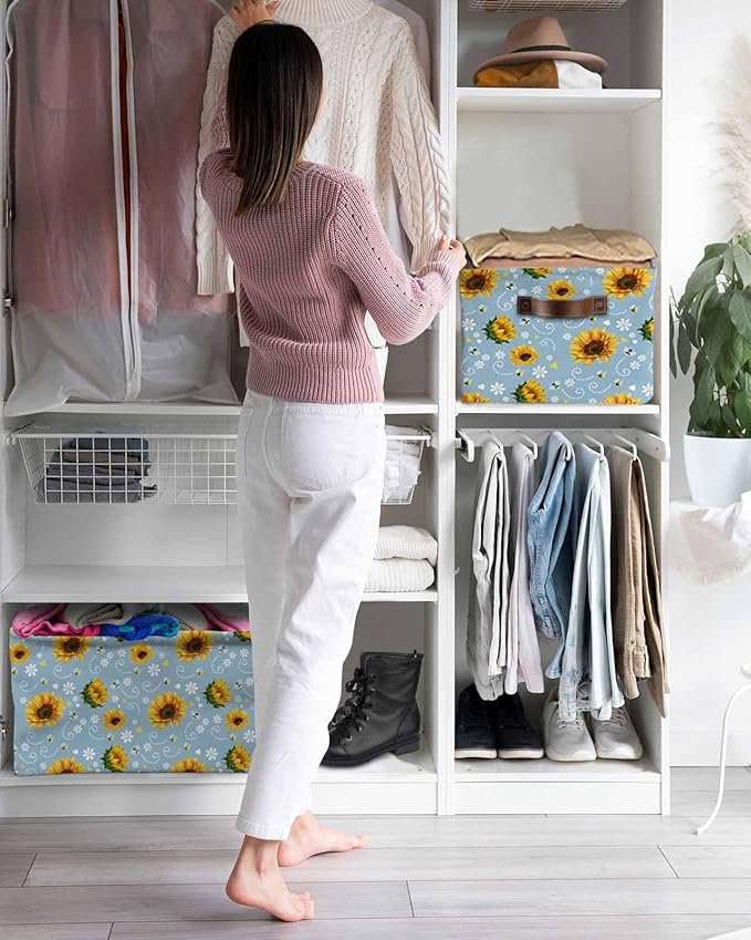 Blue Yellow Sunflower Storage Bins Cubes Waterproof Cloth Storage Basket,Summer Botanical Farmhouse Floral Foldable Storage Bags for Shelf Clothes Storages Organizers with Handles 15x11x9.5 in 2PCS