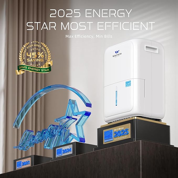 Most Efficient Energy Star Dehumidifier, Wellsle 52 Pints Dehumidifier for Basement and Home, Smart Humidity Adjustment with 1.59 Gal Water Tank and Drain Hose 42dB Quiet Operation for Bedroom