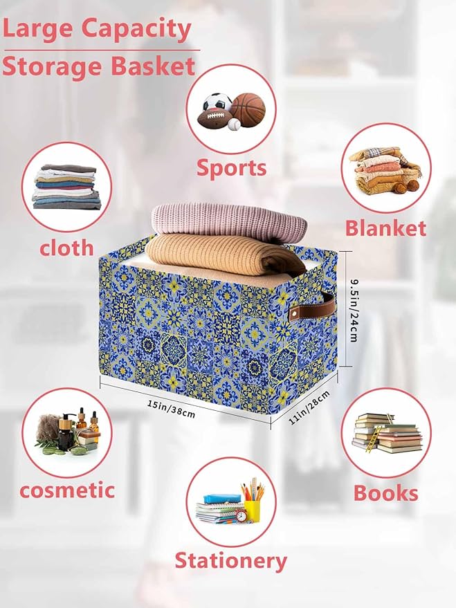 Vintage Boho Storage Bins Cubes Waterproof Cloth Storage Basket,Middle Century Bohemia Style Patchwork Blue Foldable Storage Bags for Shelf Clothes Storages Organizers with Handles 15x11x9.5 in 2PCS