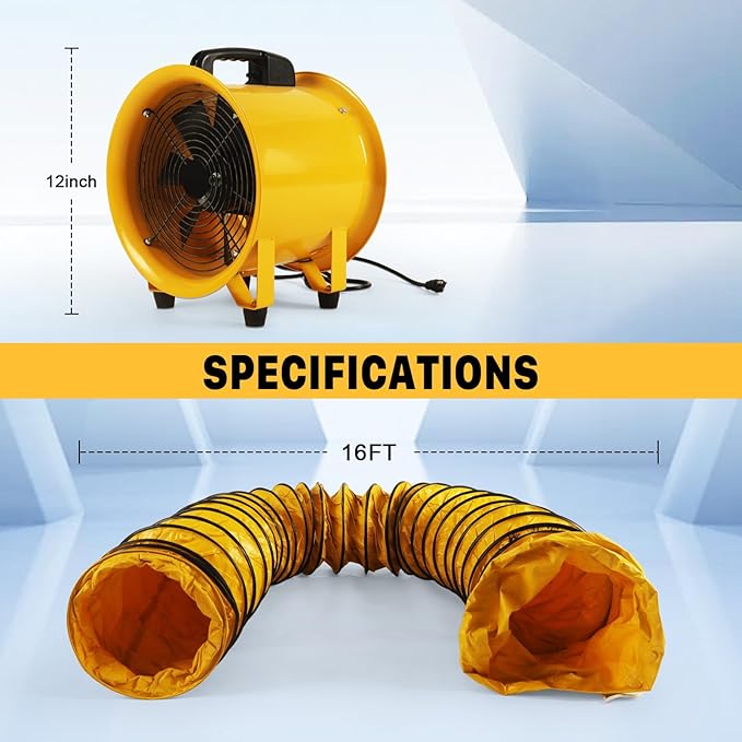12 Inch Utility Blower Fan with 16 Ft Flexible Duct Hose, 2882 CFM High Velocity Industrial Ventilation Exhaust Fan, Portable Axial Ventilator with Ball Bearing Motor for Workshop, Basement, Job Site