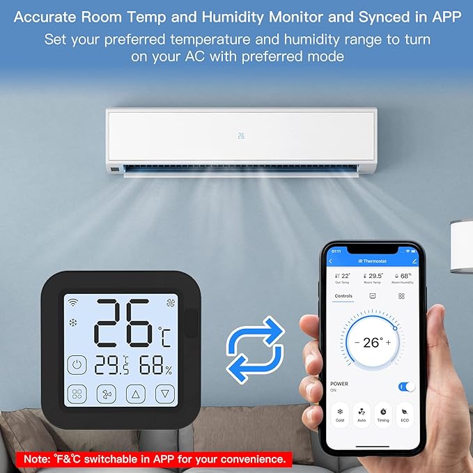 Smart WiFi IR Conditioner Controller with LCD Display App Control Temperature Humidity Sensor Monitor Compatible with Home for Mini Split Portable AC