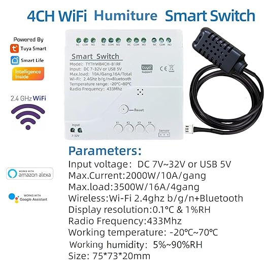 4 Channel Temperature and Humidity Monitoring Smart Switch,Smart Life/Tuya WiFi Relay,Dry Contact Passive Output,Compatible with Alexa & Google Assistant