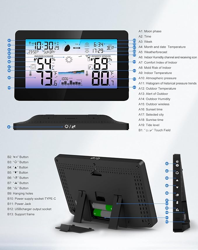 Weather Station Wireless Indoor Outdoor, Digital Thermometer for Home, Large Color HD Display with Remote Sensor, Weather Forecast, Atomic Clock, Moon Phase