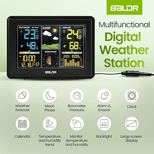 BALDR Wireless Digital Weather Station - Indoor Outdoor Thermometer Wireless Home Weather Station with Remote Sensor, Atomic Alarm Clock, Moon Phase & Barometric History Display, Weather Clock