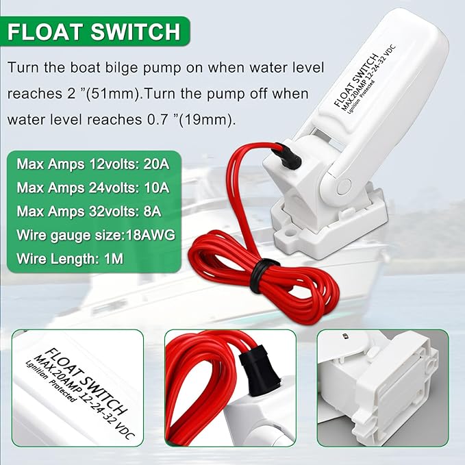 750 GPH Marine Bilge Pump,12V DC Submersible 1-1/8 Inch Diameter Electic Rule Bilge Water Pump Kit,with Automatic Float Switch High-Flow Fully Bilge Pumps for Boats RVs Yachts Caravans