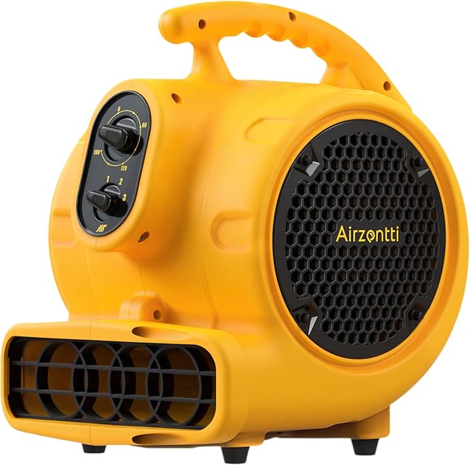 Air Mover, 1100 CFM 1/4 HP 200W Blower Fan, Floor Fan Heavy Duty with 3 Speeds and Timer, Stackable Air Blower, Utility Fan for Carpet, Floor Drying and Water Damage Restoration, YELLOW