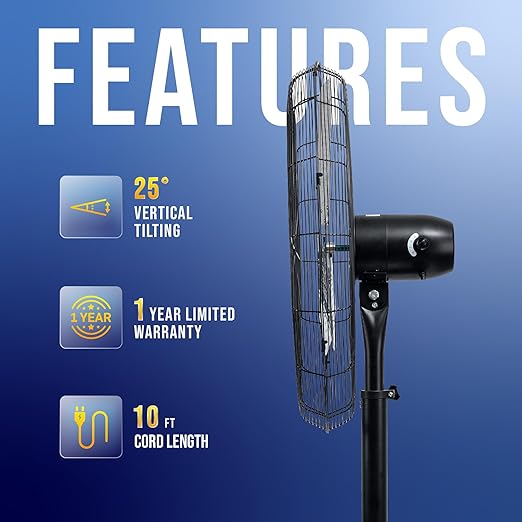 Tornado 8850 CFM 30 Inch Pedestal Fan Non-Oscillating High Velocity Fan Stationary, 3 Speed 10 FT Cord Metal, Commercial, Industrial Use, UL Safety Listed
