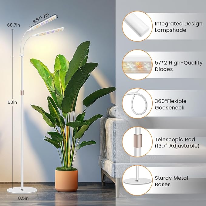 Kullsinss Grow Lights for Indoor Plants with Stand, 2-Heads Full Specturm Plant Grow Light with 4/8/12/16H Timer, 3 Color Modes, 360° Flexible Gooseneck, 24-68.7in Hight Adjustable Plant Growing Lamp
