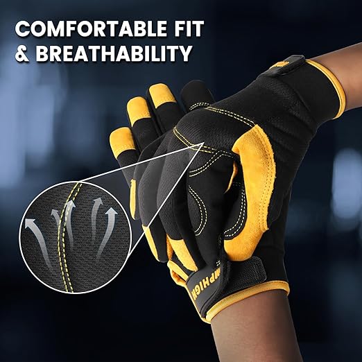 JUMPHIGH Mens Work Gloves, Synthetic Leather Mechanic Gloves, Utility, Touchscreen, Multipurpose, Construction, Warehouse, Truck Driving (L)