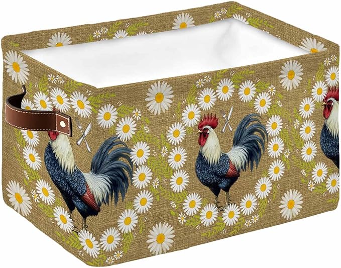 Daisy Rooster Storage Bins Cubes Waterproof Cloth Storage Basket,Spring Floral Farmhouse Botanical Rustic Foldable Storage Bags for Shelf Clothes Storages Organizers with Handles 15x11x9.5 in 1PCS