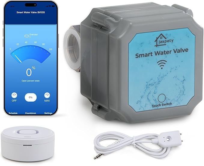 JAXPETY Smart Water Monitor and Automatic Shutoff,Water Leak Detector with Countdown Function & Power-Off Protection,Water Flow Adjustment & Real-Time Message Alerts,Water Leak Sensor for 3/4" Pipe