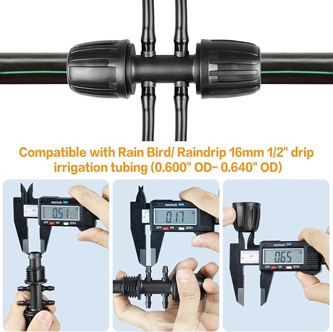 Gardrip Drip Irrigation Fittings for 1/2 Inch to 1/4 Inch Tubing Reducing Tee：1/2" (1/2" ID x 0.65" OD) to 1/4" Anti-Drop Locked Nut Barbed Reducer 6 Way Tee Connectors (12 Pack)