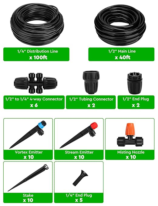 Drip Irrigation System, 40FT 1/2" Mainline & 100FT 1/4" Tubing, with Adjustable Drip Emitters Misting Sprinkler, Efficient Sprinkler System Kit for Flower Bed, Raised Bed, Greenhouse, Lawn