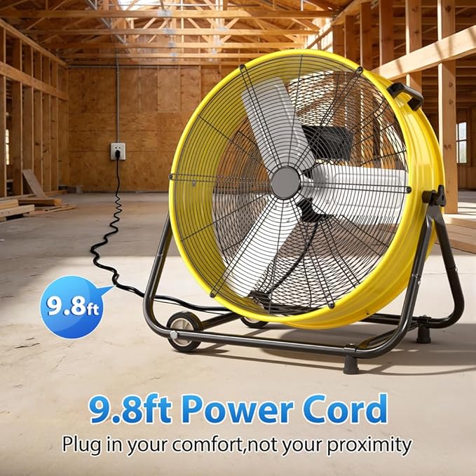 LifePlus 30" Industrial Drum Fan, 14000 CFM High Velocity 3-Speed Heavy Duty Metal Air Circulator with 360° Tilt, Casters Handle for Warehouse Factory workshops Patios Garage, Yellow