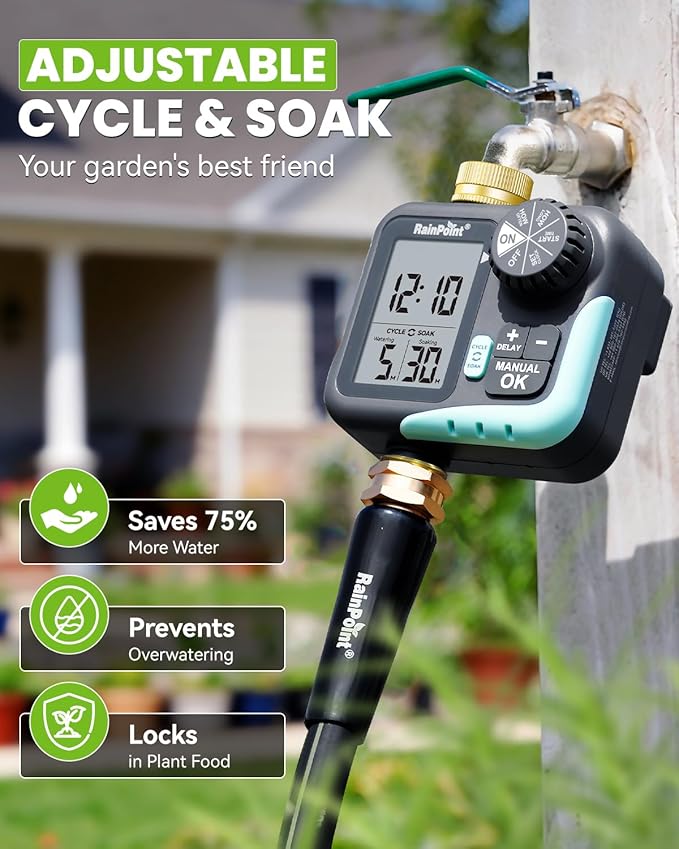 RAINPOINT Sprinkler Timer for Garden Hose - Hose Timer with Cycle & Soak/Rain Delay/Automatic Watering/Manual Watering, Programmable Irrigation System with Large Display, Brass Inlet & Outlet