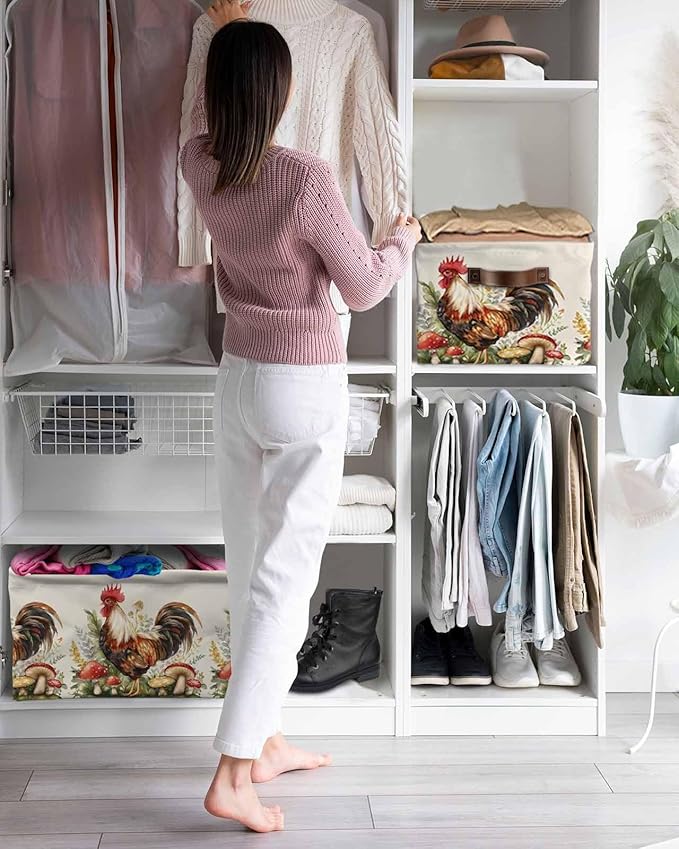 Farmhouse Rooster Storage Bins Cubes Waterproof Cloth Storage Basket, Rustic Farm Mushroom Eucalyptus Leaves Foldable Storage Bags for Shelf Closet Clothes Organizers with Handles 15x11x9.5 in 1PCS