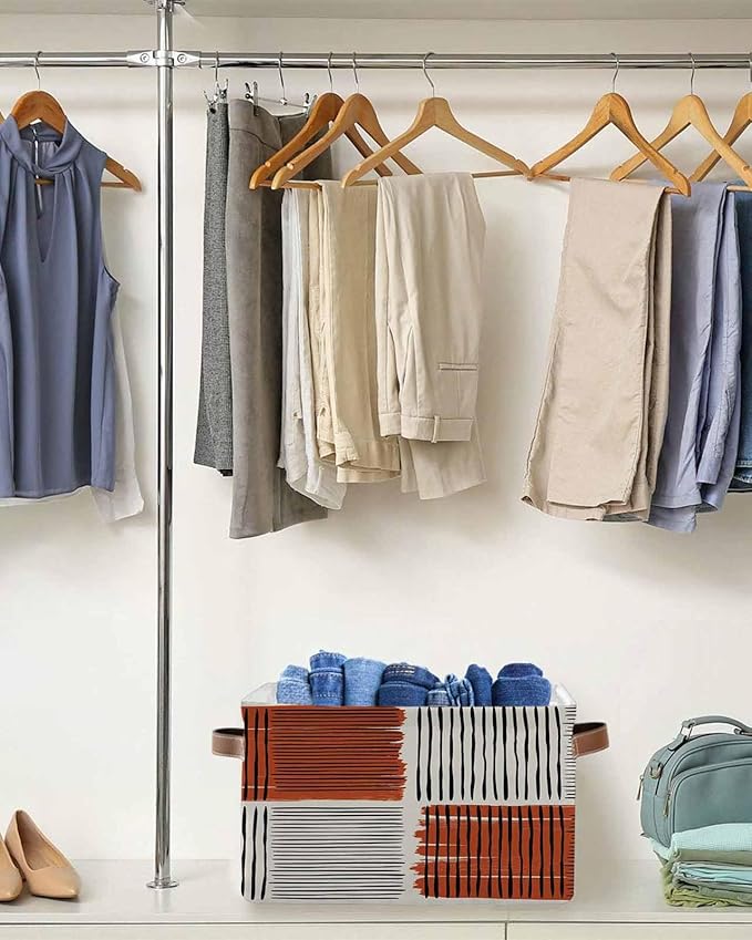 Brown Striped Storage Bins Cubes Waterproof Cloth Storage Basket, Farmhouse Stripes Modern Abstract Art Foldable Storage Bags for Shelf Clothes Storages Organizers with Handles 15x11x9.5 in 2PCS