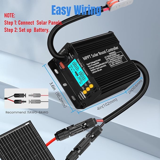 400W Boost MPPT Solar Charge Controller LCD Solar Panel Regulator for24V/36V/48V /60V/72V Lead-Acid, LiFePO4, Gel, Flooded Batteries etc in Golf Cart,eBike,Club Car, Scooterand Solar System