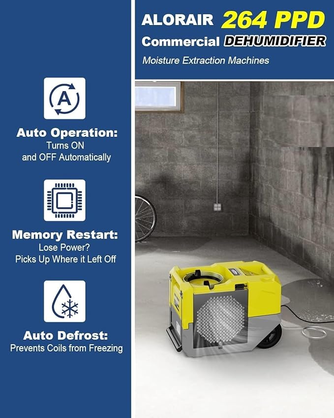 ALORAIR 264 PPD LGR Commercial Dehumidifier High Performance Industrial Dehumidifier with Pump, Compact, Portable Industrial dehumidifier for Water Damage Restoration, Yellow