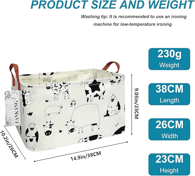 FANKANG Storage Basket,Nursery Hamper Canvas Laundry Basket Foldable with Waterproof PE Coating Storage, Office, Bedroom, Clothes,Toys(L, Rec-cows)
