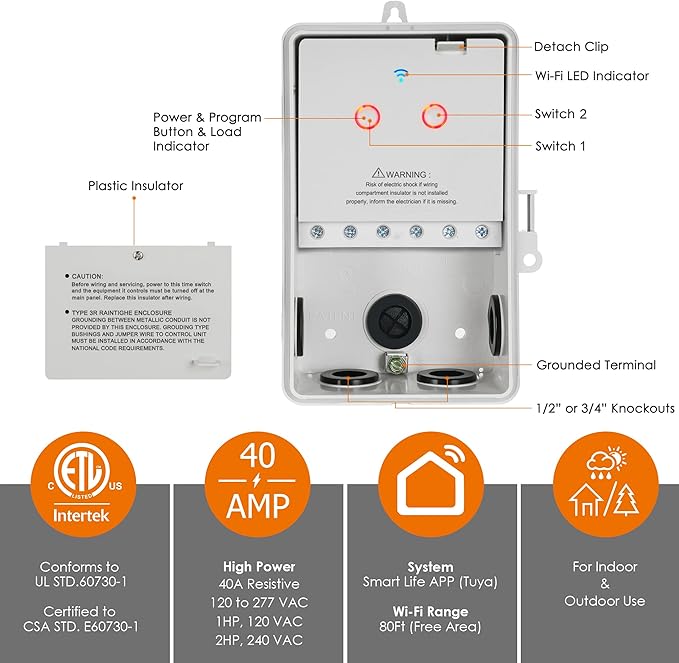 Suraielec Dual WiFi Pool Timer, 120/277V Individual Switches, 40 AMP, 1HP/2HP Heavy Duty Smart Timer, Independently Control Two 120/277V Devices, Indoor/Outdoor for Pool Pump, Water Heater, Spa