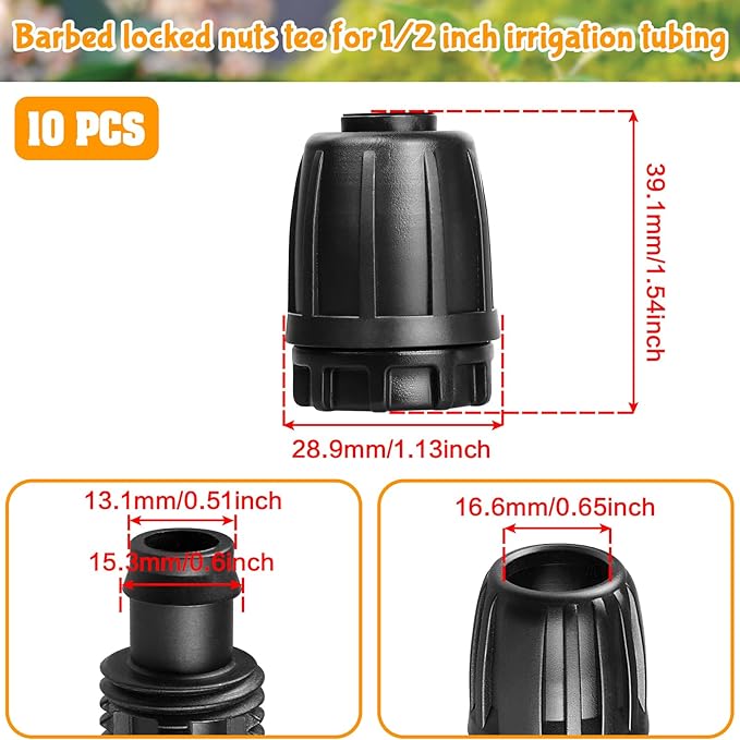 Gardrip Drip Irrigation Fittings for 1/2 Inch Drip Tubing (1/2" ID x 0.65" OD)：1/2'' Drip Line End Caps Anti-drop Locked Nut Barbed Plug Connectors Garden Irrigation System Parts (10 Pack)