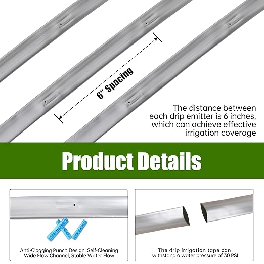 500FT 5/8" Drip Tape Irrigation Kit, 16 Mil Heavy Duty with 6" Emitter Spacing, Silver Reflective Drip Tape Helps Prevent Pecking & Biting Damage, Heat-Safe for Seedlings, Reinforced PE Material
