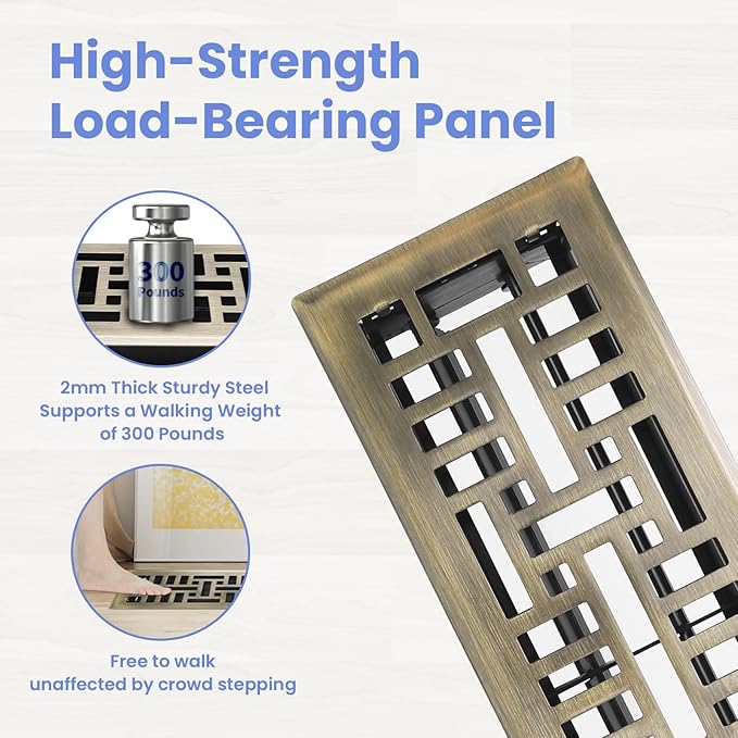 Howeall 4x14 Inches Heavy Duty Walkable Floor Register Easy Adjust Air Supply Lever Floor Vents - Seattle Design - Vent Cover for Home Floor - Antique Brass