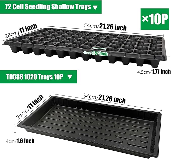 RooTrimmer 10 Pack 1020 Seed Starter Trays and 10 Pcs 72 Cell Plug Trays, Thick Durable Seedling Plastic Nursery Tray for TD538 1020 Tray Germination (10 Sets)