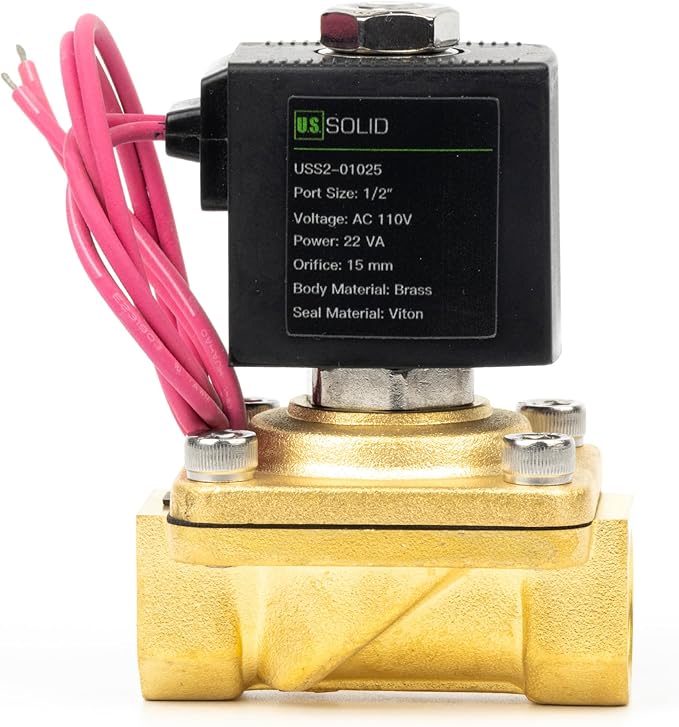 U.S. Solid 1/2" Brass Solenoid Valve - 110V AC Normally Closed Electric Solenoid Valve with Viton Seal, Lead Wire Type