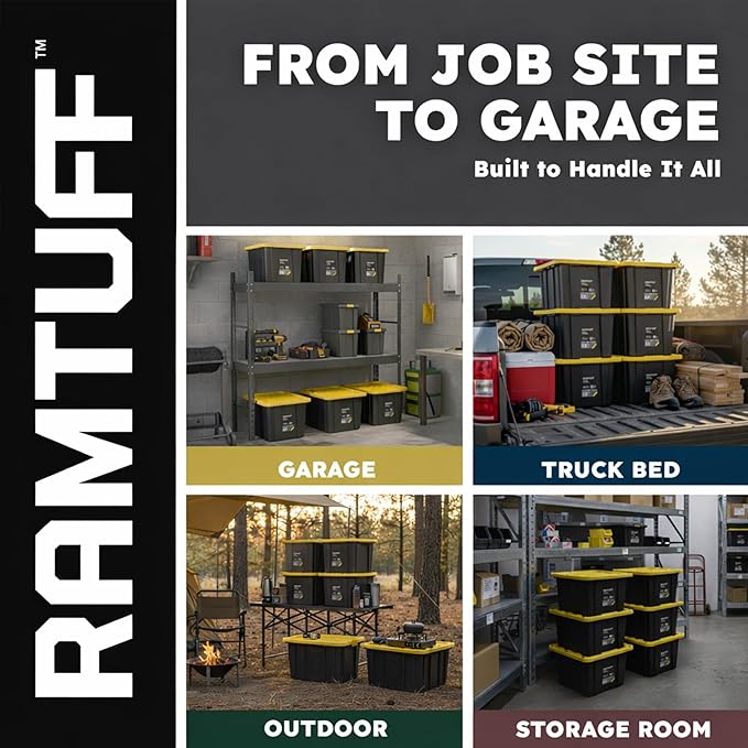 Ramtuff 6 Pack Heavy Duty Stackable Storage Container with Snap-Tight Lid, Resistant To Weather Organization Tote, 27 Gallon, Black and Yellow