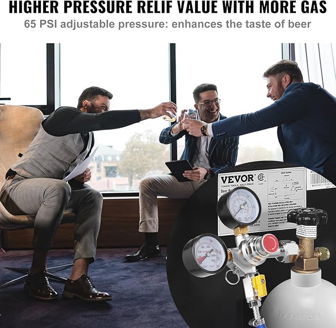 VEVOR Double Gauge Regulator, CO2 Regulator Gauge with 0-60PSI, Heavy Duty CO2 Gauge Gas System, Draft Beer Regulator with Check Valve, Adjustable Pressure Regulator for Draft Beer Homebrew, CGA320