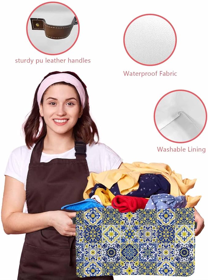 Middle Century Storage Bins Cubes Waterproof Cloth Storage Basket, Vintage Farmhouse Bohemia Style Blue Foldable Storage Bags for Shelf Clothes Storages Organizers with Handles 15x11x9.5 in 2PCS