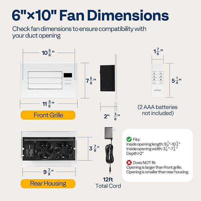VIVOHOME Register Booster Fan - 6'' x 10'' Opening with Adjustable Louver - Smart Thermostat & 10-Speed WIFI App Control - AC Vent Fan for Floor, Ceiling, Wall - Quiet Operation (White)
