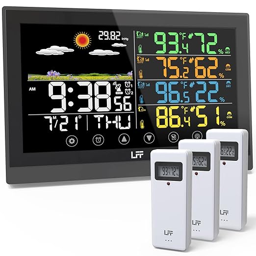 LFF Weather Station, Indoor Outdoor Weather Station Wireless with Multiple Sensors, Color Display Digital Atomic Clock Indoor Outdoor Thermometer Wireless, Forecast Station with Adjustable Backlight