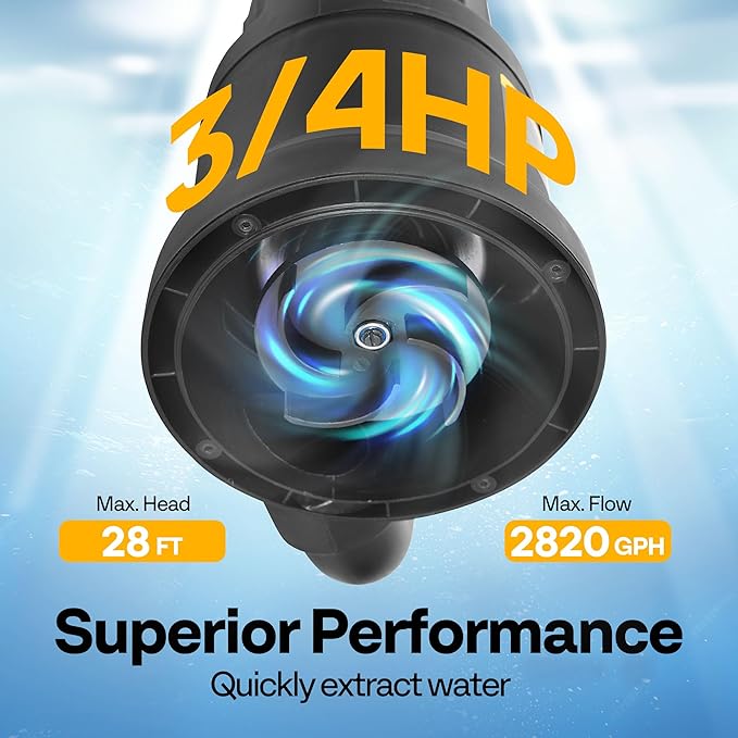 VIVOHOME 3/4 HP 2820 GPH Submersible Sump Pump with Float Switch, Utility Pump for Basement Garden Pond Pool Tub
