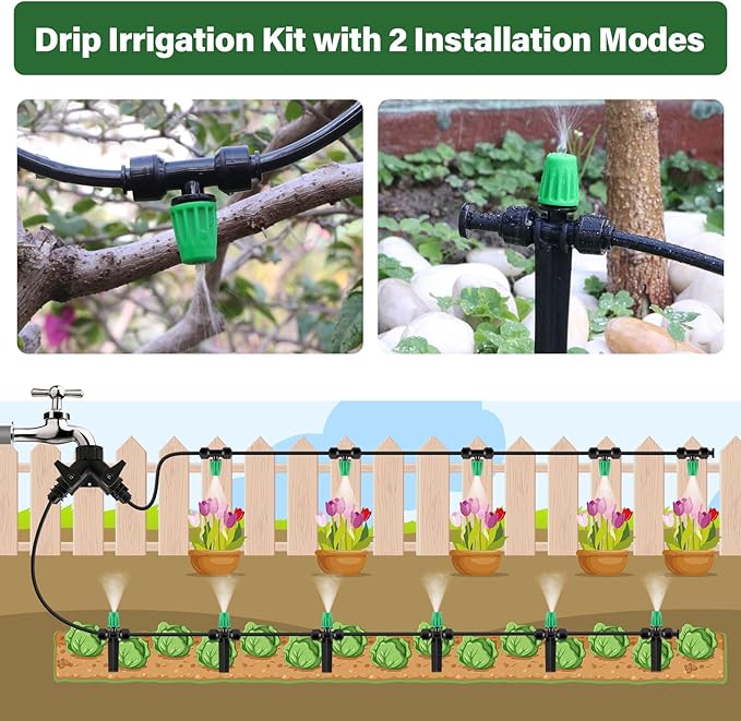 Kalolary 75FT Quick-Connect Drip Irrigation System Kit, Automatic Garden Watering System with 1/4" Tubing & Atomizing Nozzle Automatic Irrigation Equipment for Raised Garden Beds Greenhouse Lawn